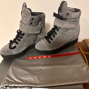 Prada Women's Suede Gray High-Top wedge Sneakers like new 35.5